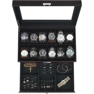 6-Slot 2-Layer Watch Case and Sunglasses Storage with Large Glass Lid, Men's Jewelry Box with Lock - 1 of 4