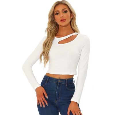 Allegra K Women's Casual Long Sleeve Cut Out Slim Fitted Basic Crop Tops  White Large : Target