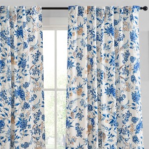 HLC.ME Scarlet Floral & Birds Patterned Window Back Tab Rod Pocket Curtains - Light Blocking Window Panels, Set of 2 - 1 of 4