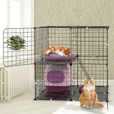 Munora 2-Tier Cat Cage Playpen, 28x28x28in Indoor Pet Enclosure with Climbing Ladder & 2 Doors for 1-2 Cats, Ferrets, Squirrels & Small Animals