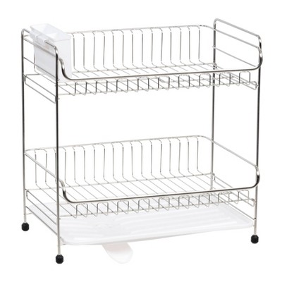 Stainless Steel 2-Tier Foldable Dish Rack with White Tray