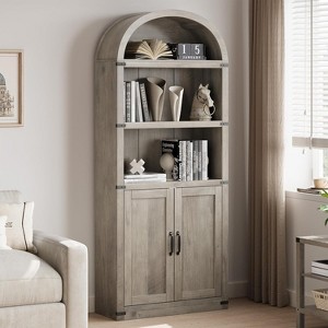 Bookcase with Doors Arched Bookshelf 71.65in Tall Bookcase Farmhouse Cabinet with Shelves - 1 of 4