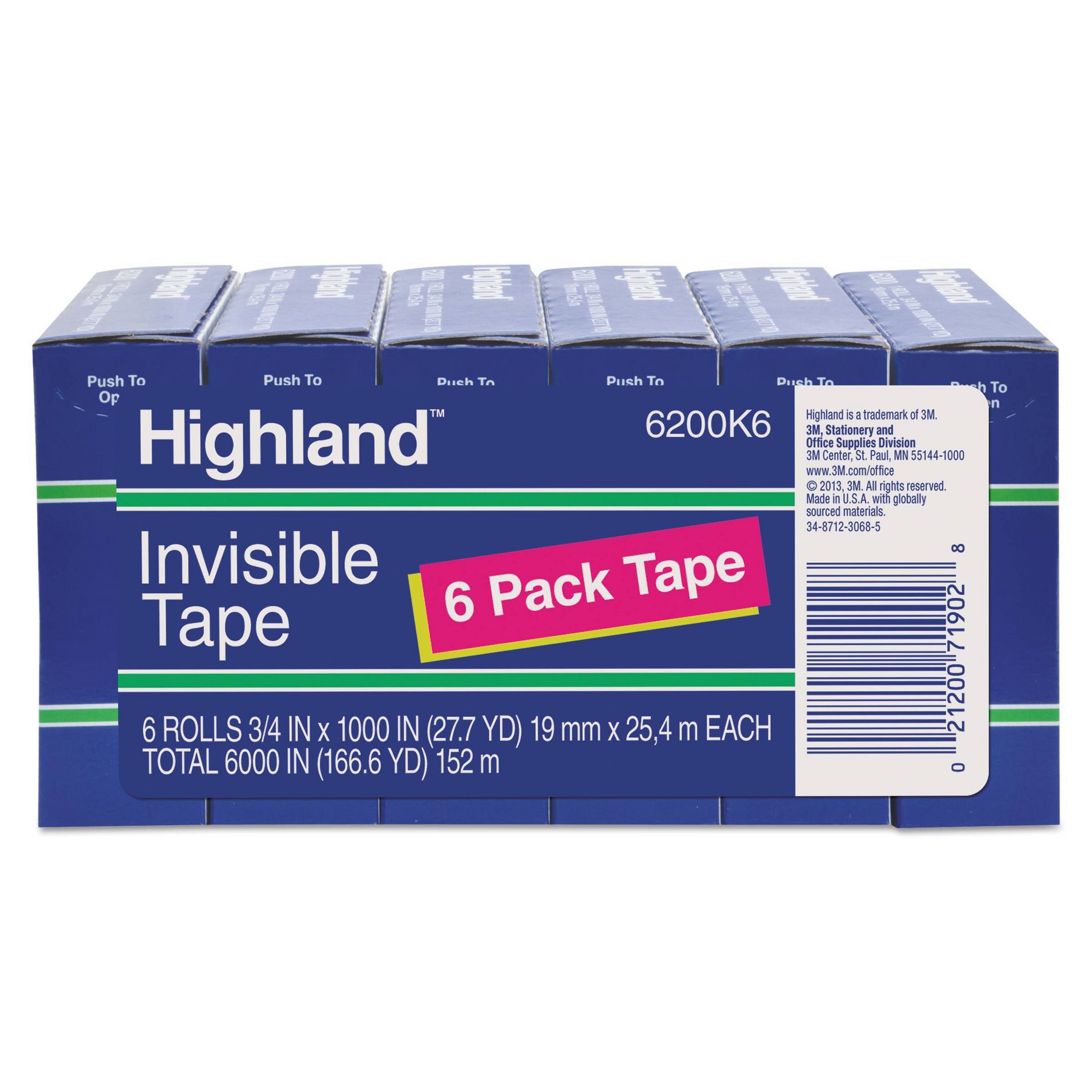Highland Invisible Permanent Mending Tape, 3/4" x 1000", 1" Core, Clear, 6/Pack: 3M Company, Invisible Tape Refills, Adhesive