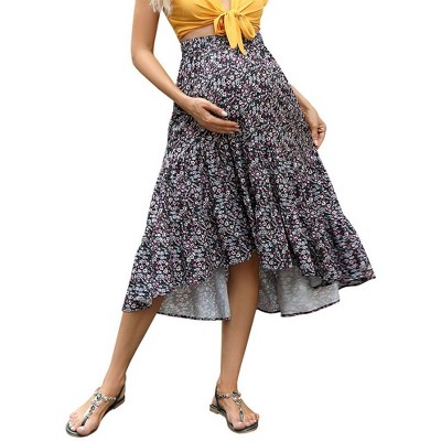 Women's High Waist Floral Print Pleated Maxi Skirt