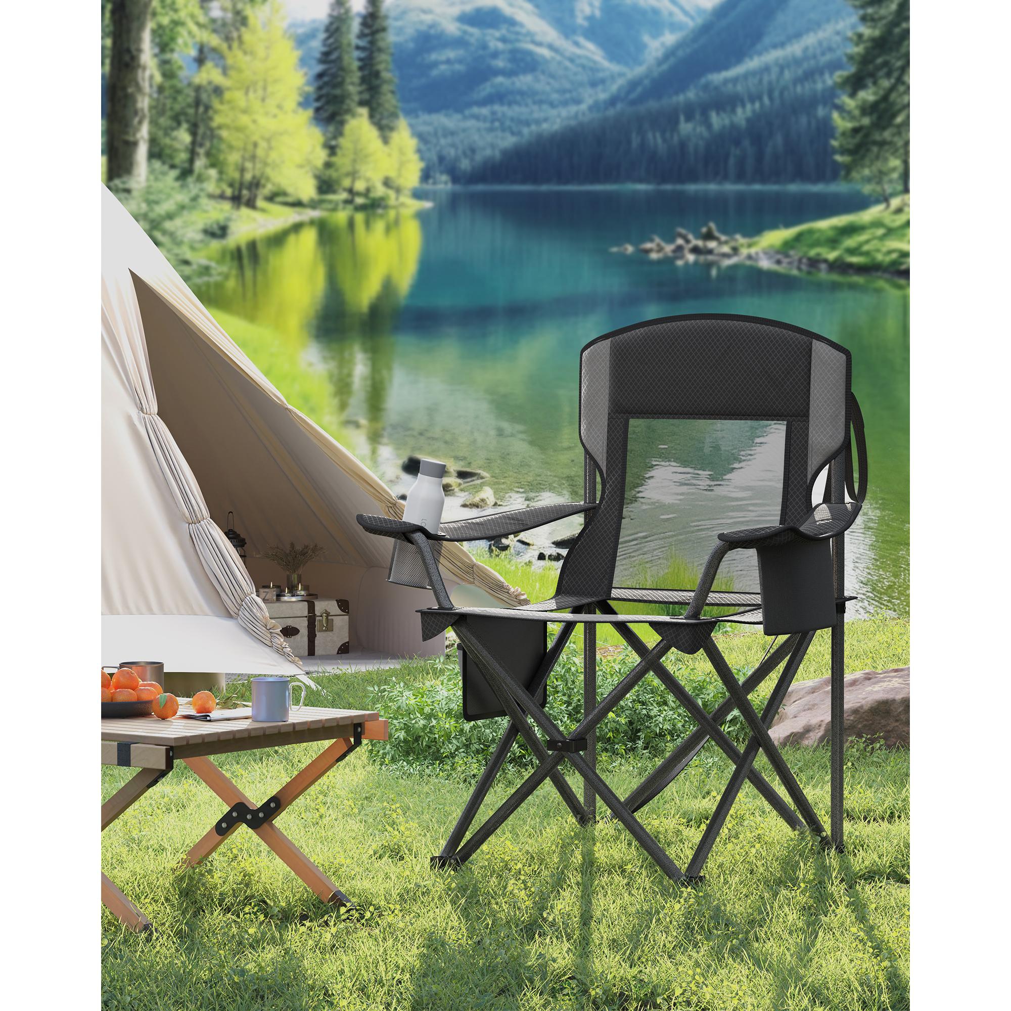 Heavy-Duty Outdoor Folding Chair with Adjustable Armrests, Cup Holder, Cooler Bag, and Storage Bag ¨C 352 lb Capacity, Breathable Nylon Mesh, Black