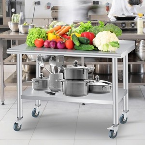Stainless Steel Work Table - Heavy Duty Commercial Kitchen Workstation with Backsplash, 4 Casters & Adjustable Shelf - 1 of 4