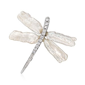 Ross-Simons 6x20mm Cultured Pearl and .20 ct. t.w. CZ Dragonfly Pin/Pendant in Sterling Silver - 1 of 4