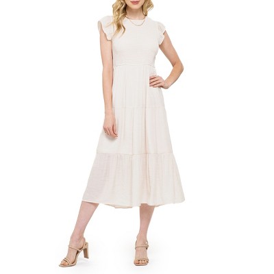 August Sky Women's Smocked Ruffle Sleeve Tiered Midi Dress