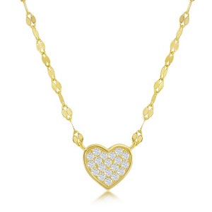 Bella Silver Sterling Silver Heart CZ Mirror Chain Choker Necklace - Gold Plated - Gold - 14+3 Inches - 1 of 2