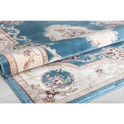 Aubusson Blue and Taupe 5' x 5' Transitional Vintage Area Rug