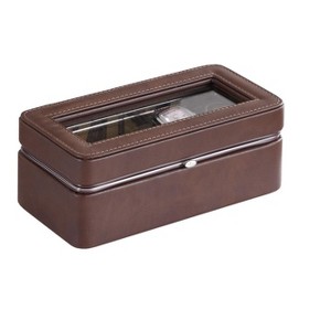 HomeRoots 8" Brown Clear And Silver Faux Leather And Glass Six Section Watch Box With Metal Accents - 1 of 4