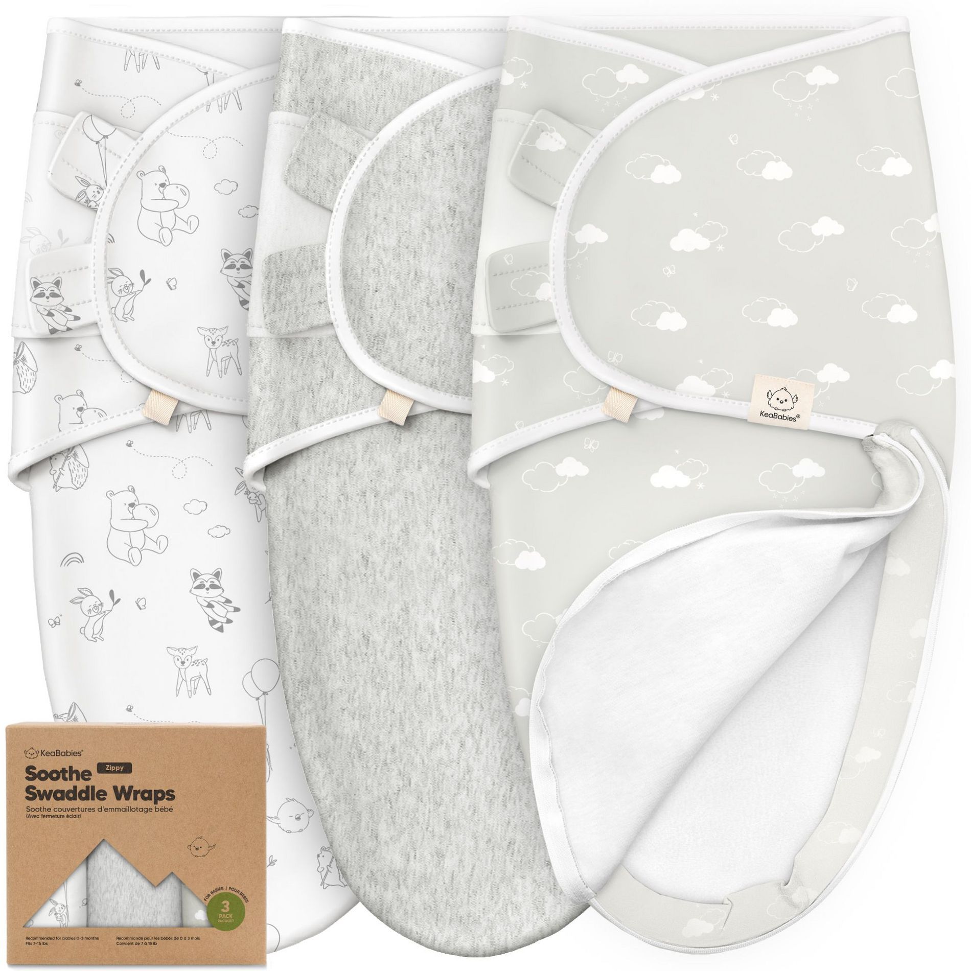 KeaBabies 3pk Soothe Zippy Baby Swaddle Wrap 0-6 Months, Newborn Sleep Sacks, Zipper Swaddles, Wearable Swaddle Blanket (Aspire)