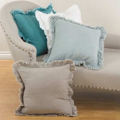 Sea Green Ruffled Linen 24" Square Throw Pillow