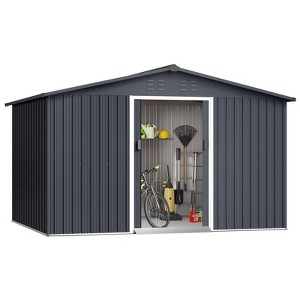 10x8 ft Outdoor Storage Shed, Galvanized Steel Garden Shed with Lockable Door, Gray/Brown - 1 of 4