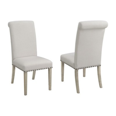 Simple Relax Set of 2 Upholstered Dining Chairs with Nailhead Trim in Beige and Pine