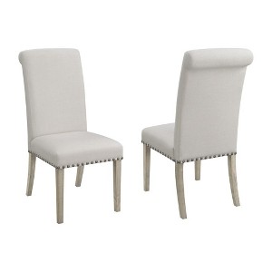 Simple Relax Set of 2 Upholstered Dining Chairs with Nailhead Trim in Beige and Pine - 1 of 4