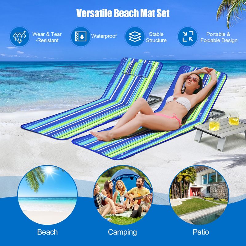 Costway 3-Piece Beach Lounge Chair Mat Set 2 Adjustable Lounge Chairs with Table Blue\Stripe, 4 of 10