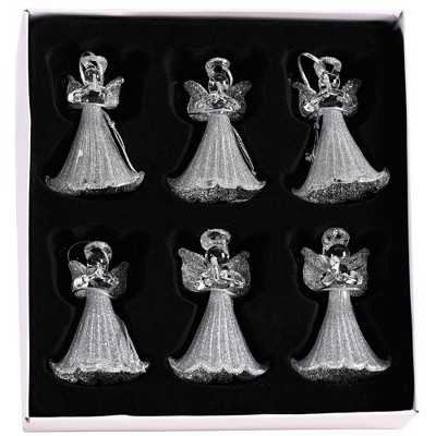 Dickson's Praying Angels - Silver Glitter - 3 Inch Clear Glass Decorative Hanging Ornament; Box of 6