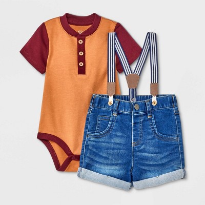 Image of Baby Boys' Denim Shorts Henley Suspender Set - Cat & Jack™ Burgundy 6-9M