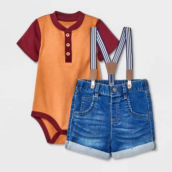 Baby Boys' Denim Shorts Henley Suspender Set - Cat & Jack™ Burgundy
