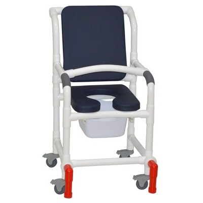 MJM International Corporation Shower Chair 18 In Width 3 In Total Locking Casters Seat Blue Cushion Padded Back 10 Qt Slide Mode 300 Lb Wt