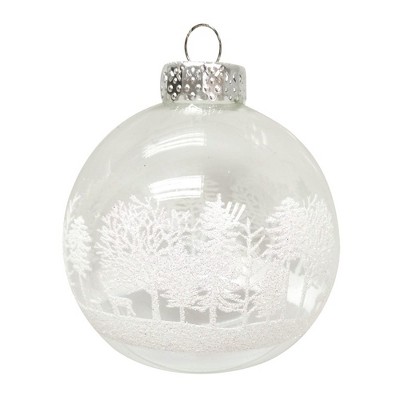 Kurt Adler 80MM Clear with White Tree Design Glass Ball Ornaments, 6 Piece Box