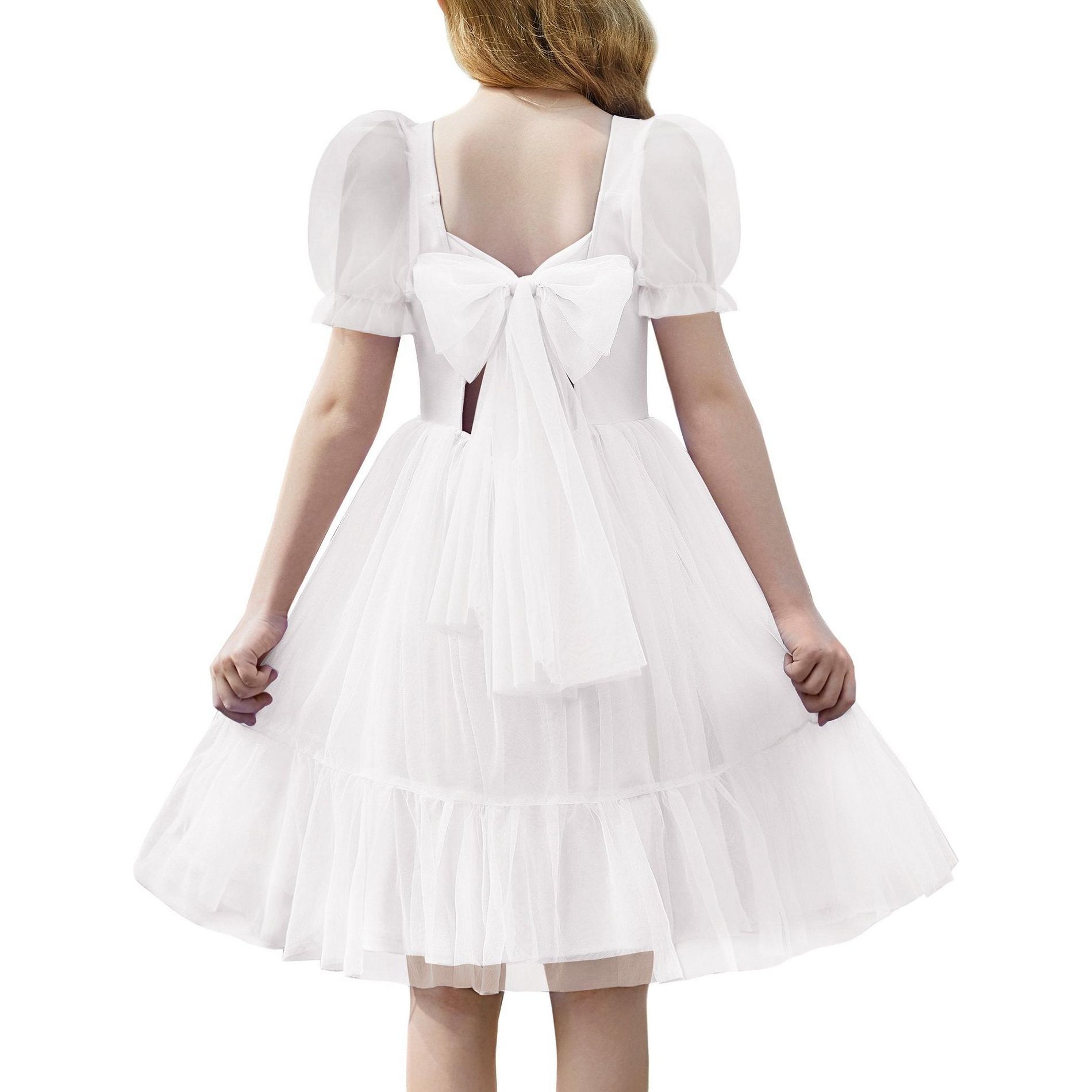 Arshiner Girls Dresses Tulle Bow Tie Back Puff Sleeve Party Holiday Spring Summer Dress for 6-16