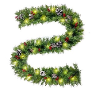 Swtroom 9FT Pre Lit Waterproof Christmas Artificial Garland with 50 LED Lights 20 Snowy Pinecone and 98 Red Berries - 1 of 4