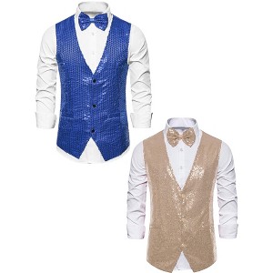 Lars Amadeus Men's Sequin Shiny Sleeveless Party Prom Dress Suit Vest with Bow Tie 2 Packs - 1 of 4