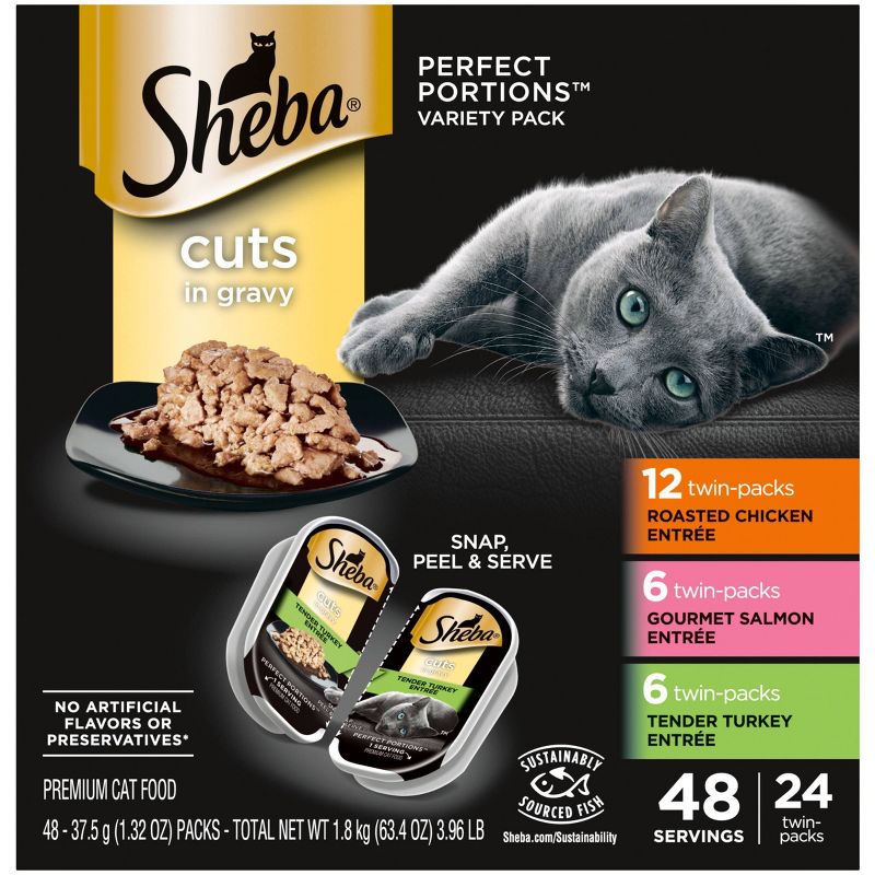 Sheba Perfect Portions Cuts In Gravy Chicken, Salmon &#38; Turkey Entr&#233;e Premium Wet Cat Food - 3.96lb/24ct Variety Pack, 1 of 13