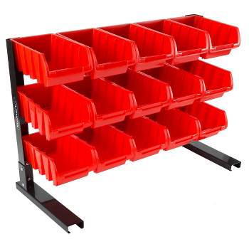 Fleming Supply 15-Bin Storage Rack Organizer for Tools, Hardware, and Crafts - Red and Black