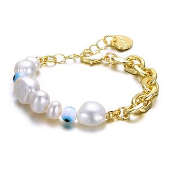 Guili 14k Yellow Gold Plated Bracelet with Freshwater Pearls, Eye Pattern Beads, and Cable Chain for Kids