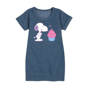 Girls' - Peanuts - Snoopy Heart Cupcake Graphic Short Sleeve Fleece Dress - 1 of 4