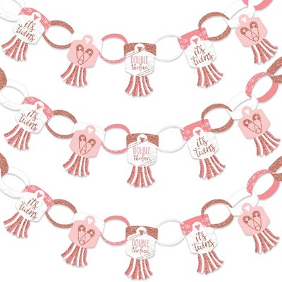 Big Dot of Happiness It's Twin Girls - 90 Chain Links & 30 Paper Tassels Decor Kit - Pink and Rose Gold Twins Baby Shower Paper Chains Garland - 21 ft