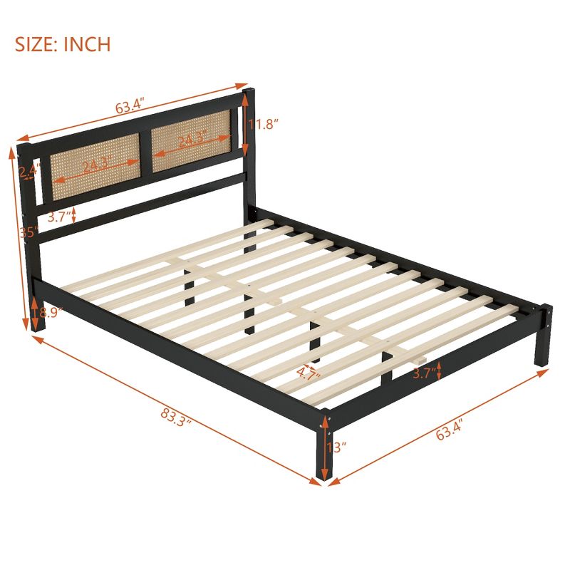 Queen/Full Size Wooden Platform Bed with Natural Rattan Headboard 4A -ModernLuxe, 4 of 9