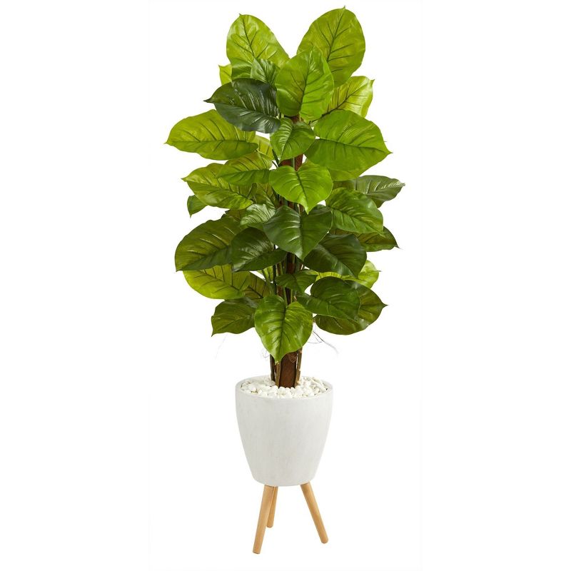 Nearly Natural 60-in Large Leaf Philodendron Artificial Plant in White Planter with Stand (Real Touch), 1 of 4