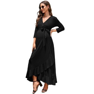 WhizMax Women's Maternity Dress V neck 3/4 Sleeve Ruffle Long Dress High Waist A Line Maxi Dress with Belt - 1 of 4
