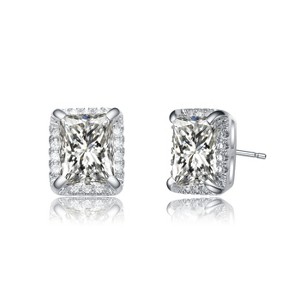 Guili White Gold Plated Radiant Cut Hidden Halo Stud Earrings with Cubic Zirconia, A Brilliant & Sophisticated Jewelry Piece for a Glamorous Look - 1 of 3