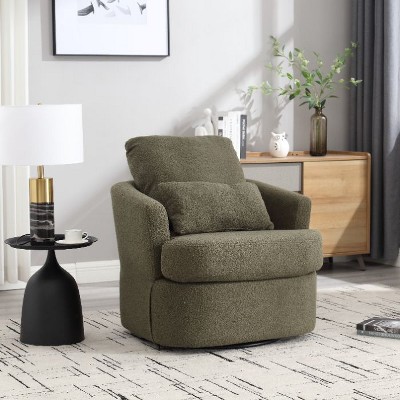 CAVINAS Modern Swivel Lounge Chair, Ergonomic Round Arm Accent Chair with PU Leather Upholstery, 360-Degree Rotating Base & Dual Pillow Support