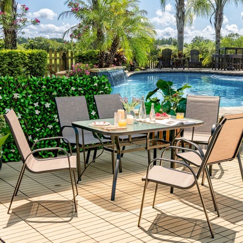 Costway 7PCS Patio Dining Set 6 Stackable Chairs Glass Table Umbrella Hole Yard