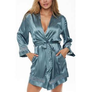 ADR Womens Short Satin Lace Trim Robe, Silk like Loungewear - 1 of 4