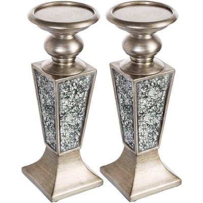Silver Crackled Mosaic Polyresin Candlestick Set