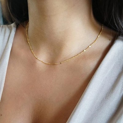 Attop 14K Gold Plated Choker Necklace for Women Shining Dots Station Gold Chain Necklace Beads Sparkle Chain