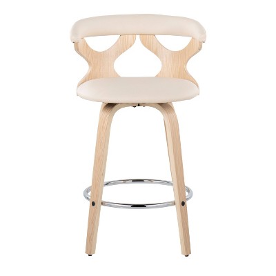 Mid-Century Modern Swivel Counter Stool in Natural Wood & Cream