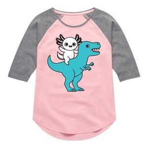 Girls' - Instant Message - Axolotl Riding A Dinosaur Shirt Tail Raglan Graphic T-shirt - 1 of 4