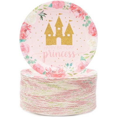 Blue Panda 80Pcs Pink Princess Castle Design Disposable Paper Plates 7" for Birthday Party Supplies