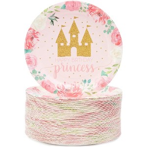 Blue Panda 80Pcs Pink Princess Castle Design Disposable Paper Plates 7" for Birthday Party Supplies - 1 of 4