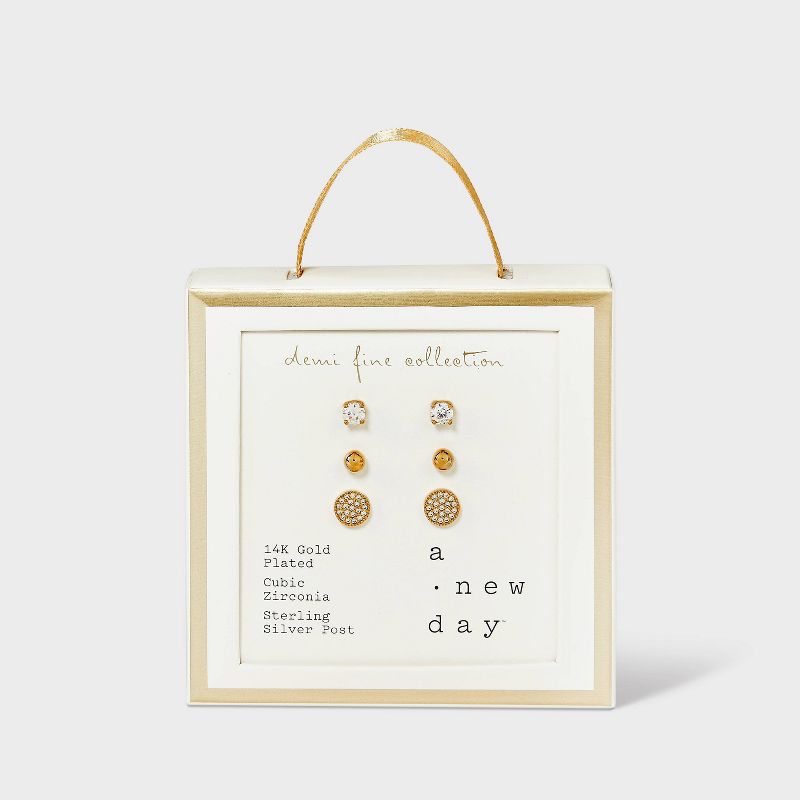 14K Gold Plated Cubic Zirconia Ball Pave Trio Stud Earring Set - A New Day&#8482; Gold, 4 of 5