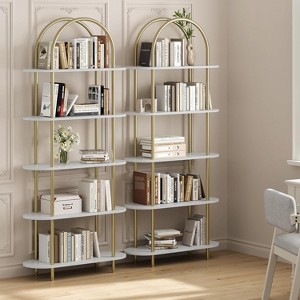 Acekool 5-Tier Arched Bookshelf Set of 2, Metal Frame, Open Storage Display, Anti-Tip, Marble White - 1 of 4