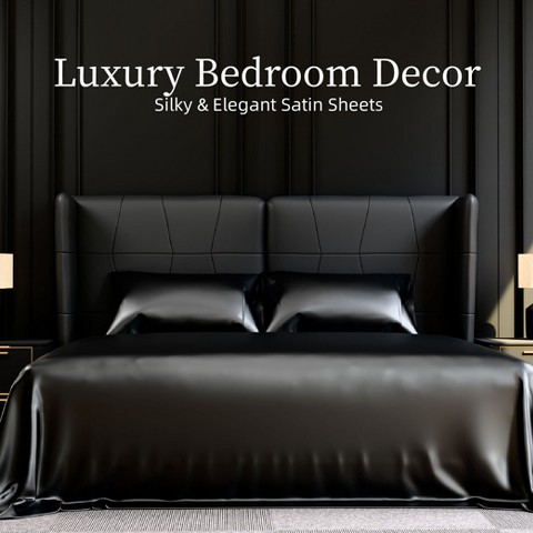 Skyzone 4-Piece Queen Size Satin Bed Sheets Set - 15" Deep Pocket Silky Bedding, Black, Hotel-Like Black 90"x102"